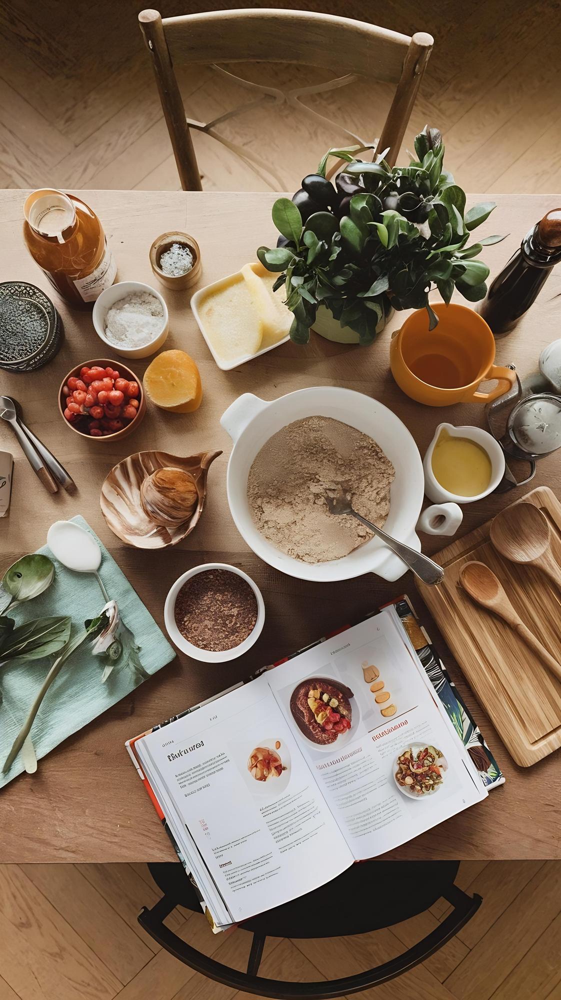 Mesa con ingredientes y receta impresa